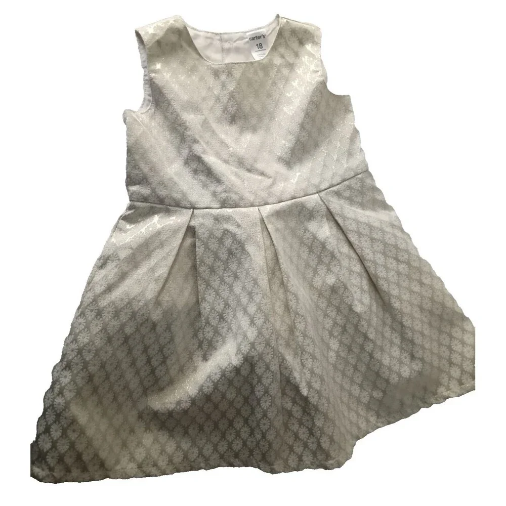 Carter's Baby Girls 18M Silver White Metallic Jacquard Pleated Holiday Dress